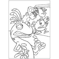 coloring page: Sally and Mike of the Monsters Corporation run away from Randall