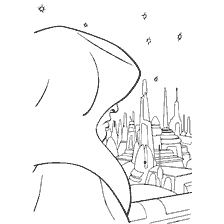 pagina da colorare: Sognosa silhouette di un setaccio sullo sfondo di una citt&agrave; futuristica