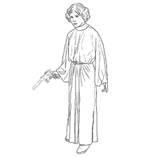 coloring page: Princess Leia with a Star Wars laser weapon