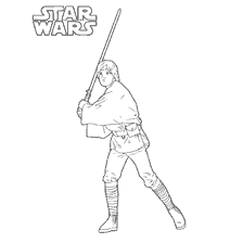 pagina da colorare: Luke Skywalker si prepara a combattere con una spada laser di Star Wars