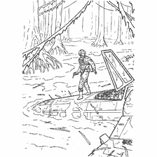 pagina da colorare: Luke Skywalker sulla palude di Dagoba con una pistola laser