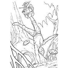 pagina da colorare: Luke Skywalker esegue un esercizio guidato da Yoda nel Dagobah.