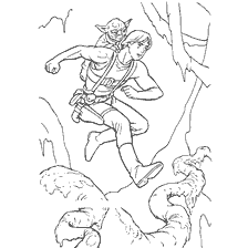 pagina da colorare: Luke Skywalker con Yoda sulla schiena a Star Wars.