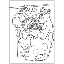 coloring page: Coloring from the cartoon Monsters Corporation, characters Monster Sally and Mike Wazowski with a girl