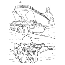 coloring page: Coloring: Marines, a soldier with a rifle against the background of a landing ship