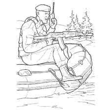 coloring page: Marine soldier in an inflatable boat with a machine gun