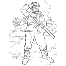 coloring page: Coloring a Marine with a weapon against the background of the Navy