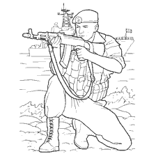coloring page: Marine with a machine gun in the background of the ship