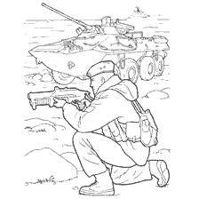 coloring page: Drawing of a Marine soldier with a weapon against the background of an armored personnel carrier