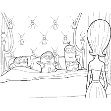 pagina da colorare: Minions sedersi a letto con una donna in una stanza