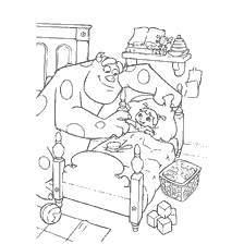 coloring page: A scene from the Monsters Corporation where Suleiman hides a girl in bed