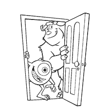 coloring page: Characters from the Monsters Corporation stand at the door