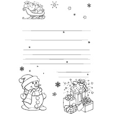 página para colorir: Carta colorida para Papai Noel, boneco de neve e presentes