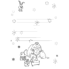 página para colorir: Carta ao Papai Noel com personagens e flocos de neve decorativos.