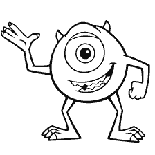 coloring page: Mike Air of the Monsters Corporation, smiling and raising his hand
