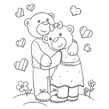 coloring page: Bear cubs hugging under hearts and flowers