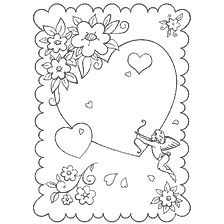coloring page: Card with heart and cupid for coloring