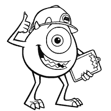 coloring page: Mike Wazowski with a tablet and a finger raised