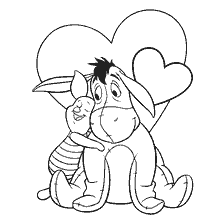 coloring page: Ea-Ia and Piglet hug against the background of the heart