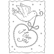 coloring page: Drawing a card with a bird and heart for Valentine's Day