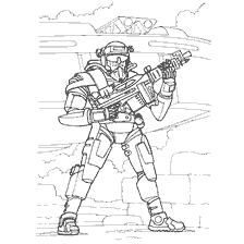 kleurplaat: Soldaat van de toekomst met een lasergeweer op de achtergrond van een militaire helikopter