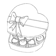 coloring page: Heart-shaped box with chocolates for February 14 holiday