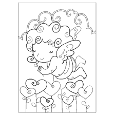 coloring page: Picture for coloring with an angel flying among the hearts