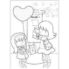 coloring page: Girls with valentines and an air heart