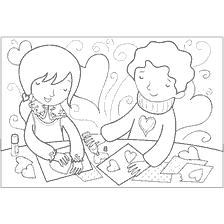 coloring page: Two kids making Valentine's Day valentines