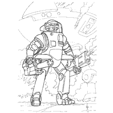 kleurplaat: Gedetailleerde kleuren van een zware infanterieman met een wapen en een buitenaards schip op de achtergrond