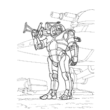 kleurplaat: Een soldaat van de toekomst tekenen met wapens tegen de achtergrond van technologie