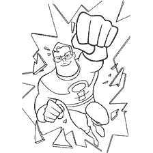 coloriage: M. Exceptionnel, personnage de la Super Famille, émerge d'un mur brisé
