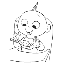 coloriage: Dessin de Jae-Jack, le plus jeune fils de la Super Famille, qui mange avec une cuillère.