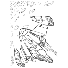 kleurplaat: Het perspectief van een oorlogsschip in de ruimte tussen astero&iuml;den