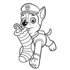 pagina da colorare: Puppy Patrol cavaliere detiene una calza di Natale di caramelle