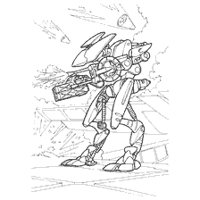 kleurplaat: Een robot met een wapen te midden van een strijd in de oorlog van de toekomst