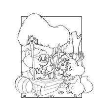 pagina da colorare: Oreshenka e i suoi amici godendo il gelato sotto un albero