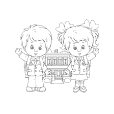 página para colorir: Crian&ccedil;as com mochilas na entrada da escola celebrando o Dia do Conhecimento