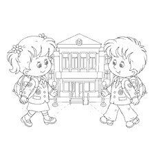 página para colorir: As crian&ccedil;as v&atilde;o &agrave; escola com mochilas em frente ao edif&iacute;cio da escola