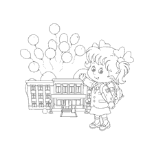 página para colorir: Desenho de uma menina com uma mochila e bolas no fundo da escola