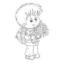 página para colorir: Menino com um buqu&ecirc; de flores e uma mochila se preparando para a escola no Dia do Conhecimento