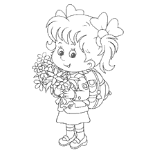 página para colorir: Uma garota com uma mochila e um buqu&ecirc; de flores
