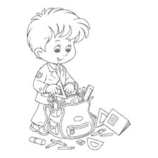 página para colorir: Um desenho de um rapaz a recolher uma mala para a escola