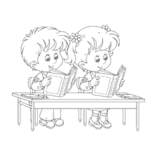 página para colorir: Crian&ccedil;as l&ecirc;em livros na mesa no Dia do Conhecimento