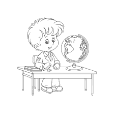 página para colorir: Desenho de um aluno em uma mesa com um globo