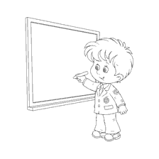 página para colorir: O menino responde no quadro negro na escola