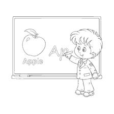 página para colorir: O menino na prancha com a carta A e a ma&ccedil;&atilde;