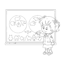 página para colorir: Menina na placa em classe, separando animais em categorias
