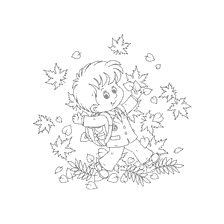 página para colorir: Um desenho de um estudante com uma mochila contra o fundo de folhas ca&iacute;das