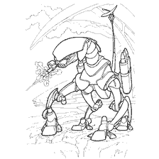 kleurplaat: Tekening van een cyborg uit de oorlog van de toekomst, gewapend met een vlammenwerper